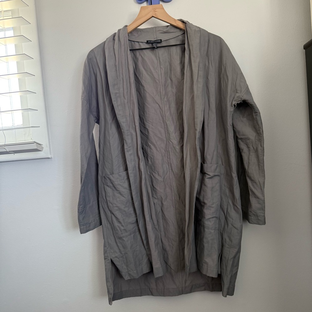 Eileen Fisher XXS Textured Organic Cotton Steel Open Coat Grey Relaxed Minimal